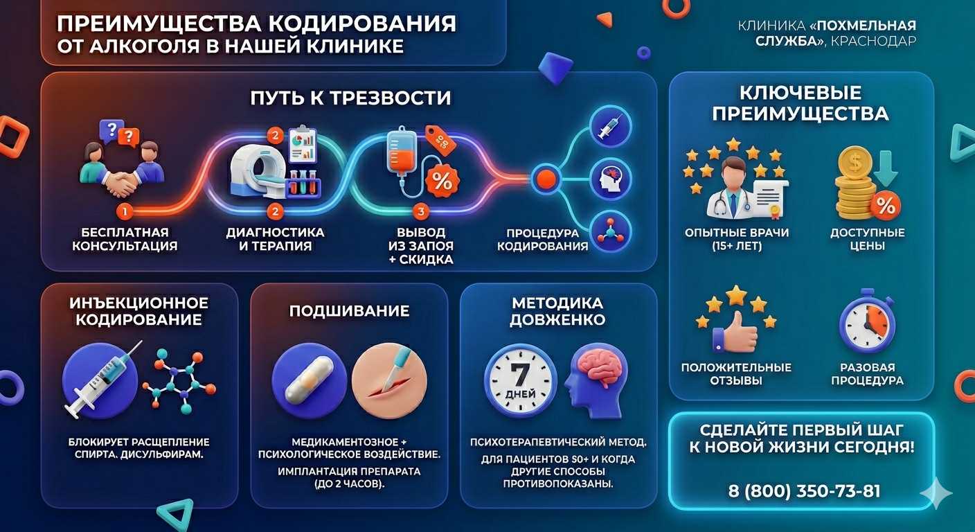 Инфографика о методах кодирования от алкоголя в Пугачеве: инъекции, подшивание, метод Довженко. Преимущества клиники и этапы лечения.